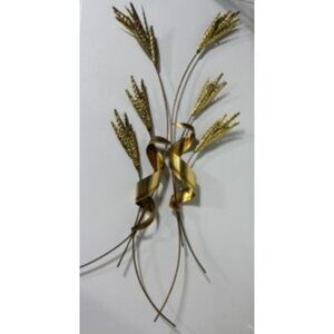 Vtg 2 Pc Brass Wheat Wall Hanging Décor Metal Gold Toned Mid-Century Style